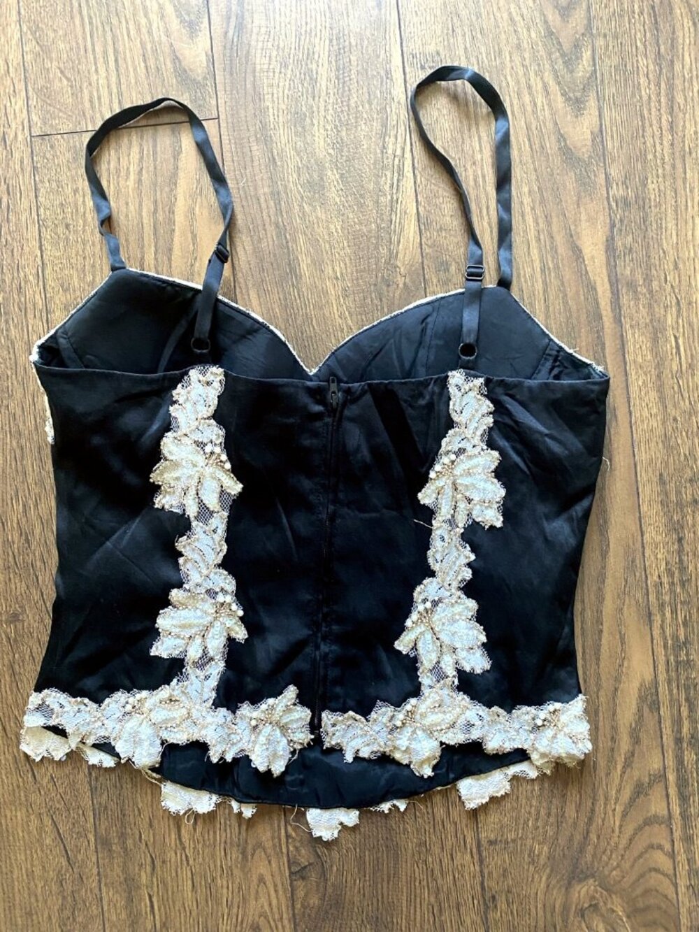 Cache Black Satin Bustier Top Beaded Lace Applique Size 2